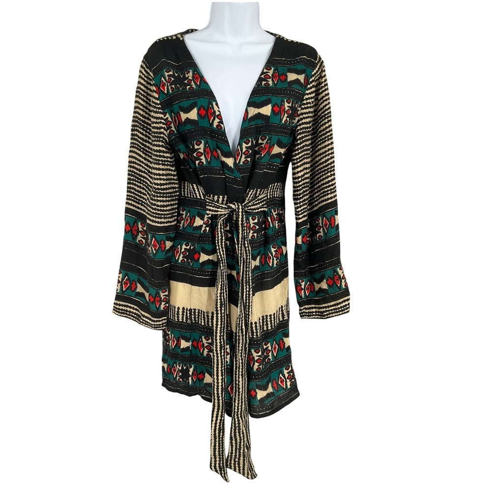 Soft‎ Surroundings Cardigan Women L/XL Black Southwestern Boho Wrap Belted